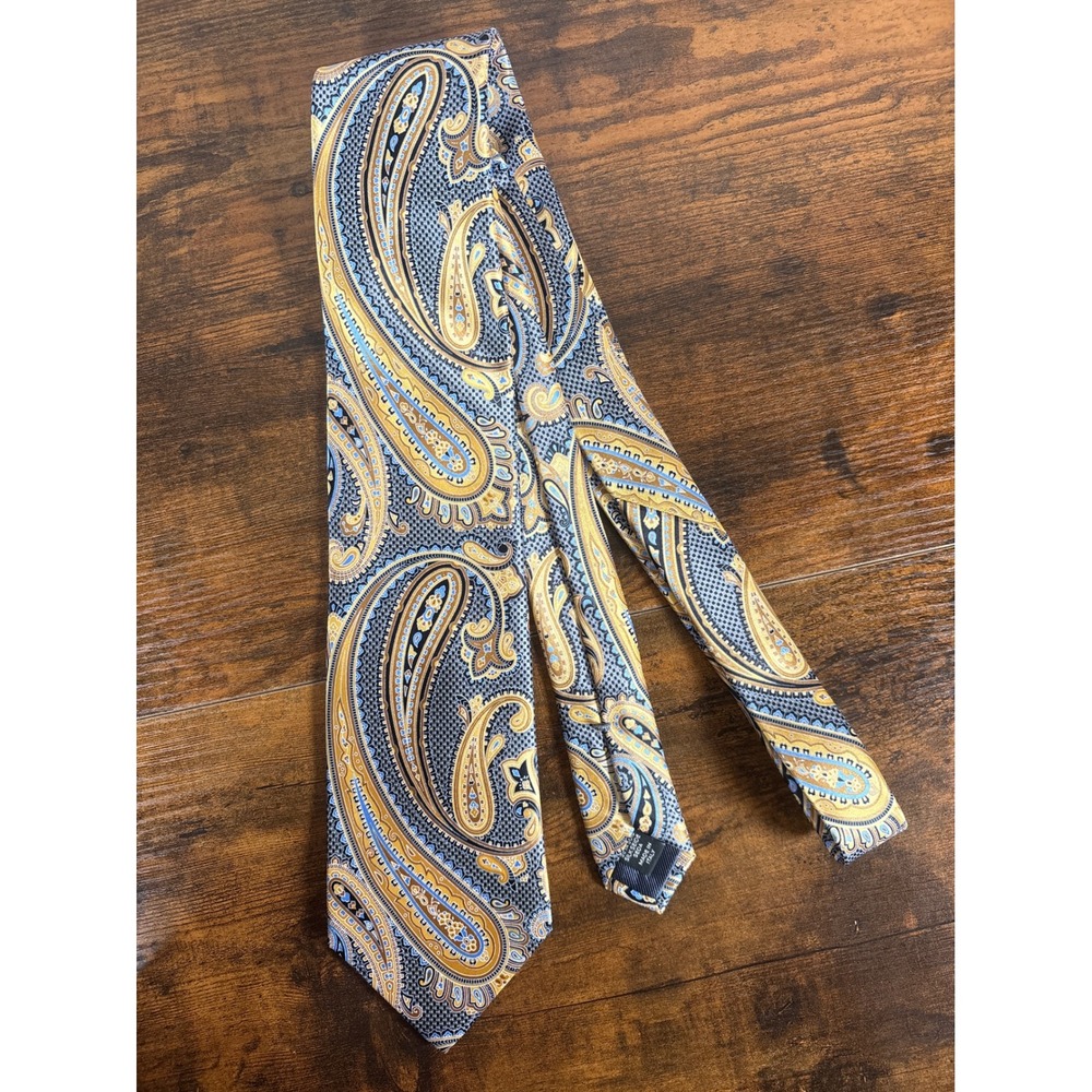 Ermenegildo Zegna Mens Silk Tie Gold Blue Paisley Made in Italy Luxury Necktie